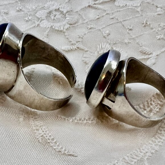 2 Rings Israel 925 Sterling Silver Lapis Lazuli Bezel Set Stones Adjustable Band - Picture 7 of 12